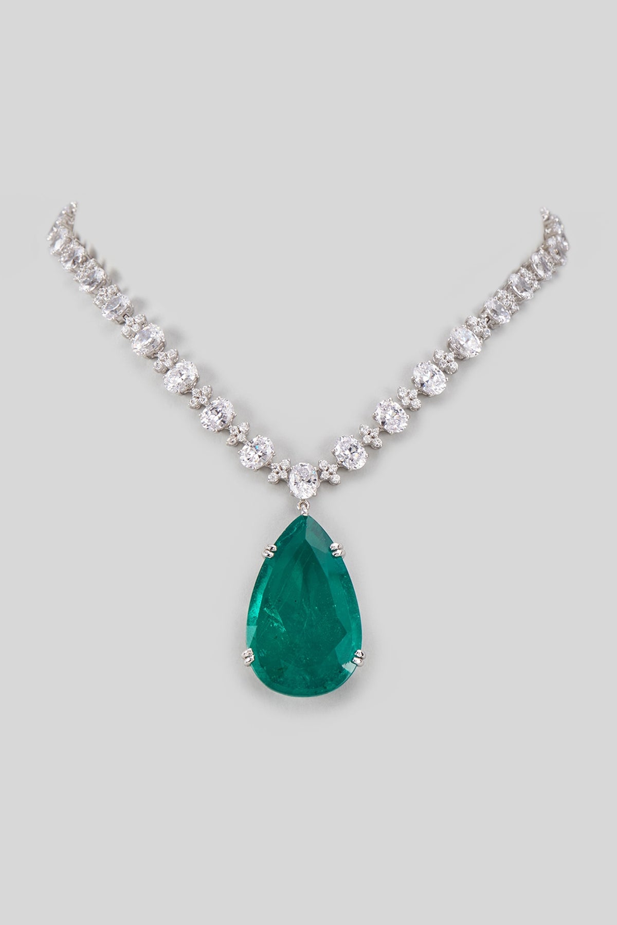White Finish Swarovski Zircon & Emerald Synthetic Stone Necklace In Sterling Silver