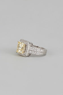 White Finish Yellow Emerald Cut & Swarovski Zirconia Ring In Sterling Silver