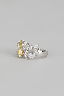 White Finish Yellow Pear Shaped Swarovski Zirconia Ring In Sterling Silver