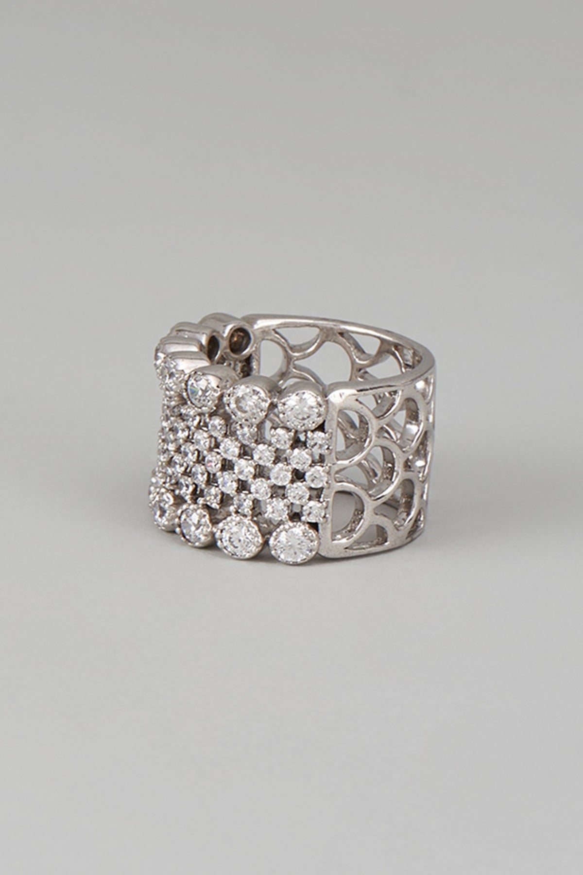 White Finish Swarovski Zircon Mix Cut Ring In Sterling Silver
