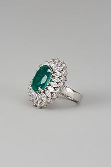 White Finish Swarovski Zircon & Emerald Synthetic Stone Ring In Sterling Silver