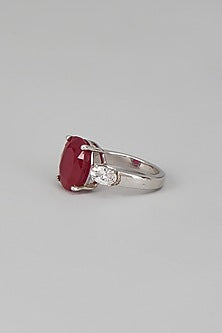 White Finish Swarovski Zircon & Red Synthetic Stone Oval Cut Ring In Sterling Silver
