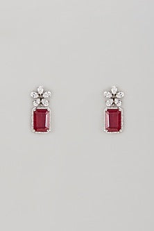 White Finish Swarovski Zircon & Ruby Synthetic Stone Dangler Earrings In Sterling Silver