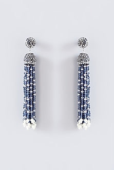 Black Rhodium Finish Blue Beaded & Crystal Tassel Dangler Earrings