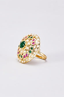 Gold Finish Kundan Polki & Green Pearl Ring