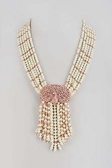Rose Gold Finish Crystal & Pearl Long Necklace