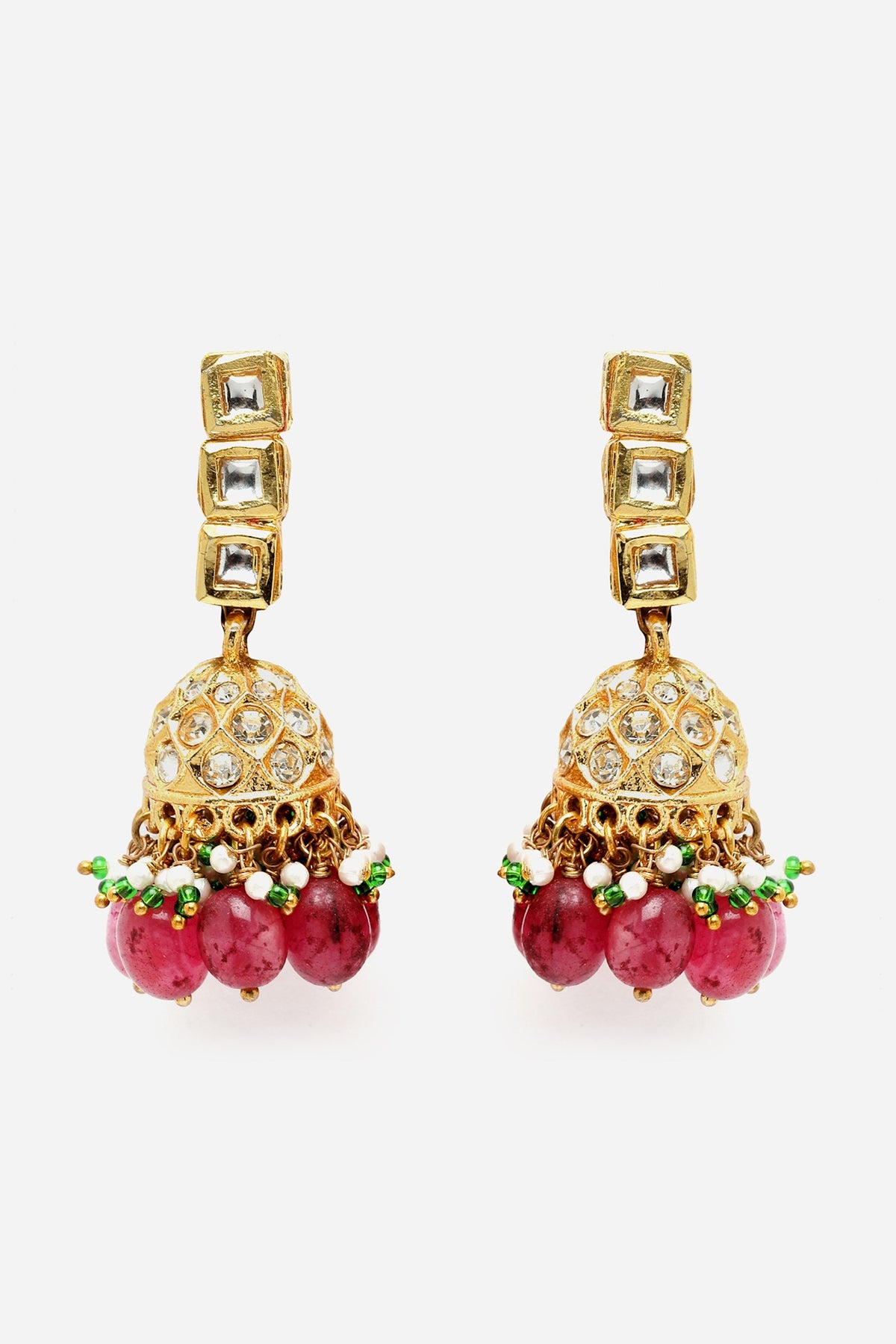 Gold Finish Kundan Polki & American Diamond Jhumka Earrings