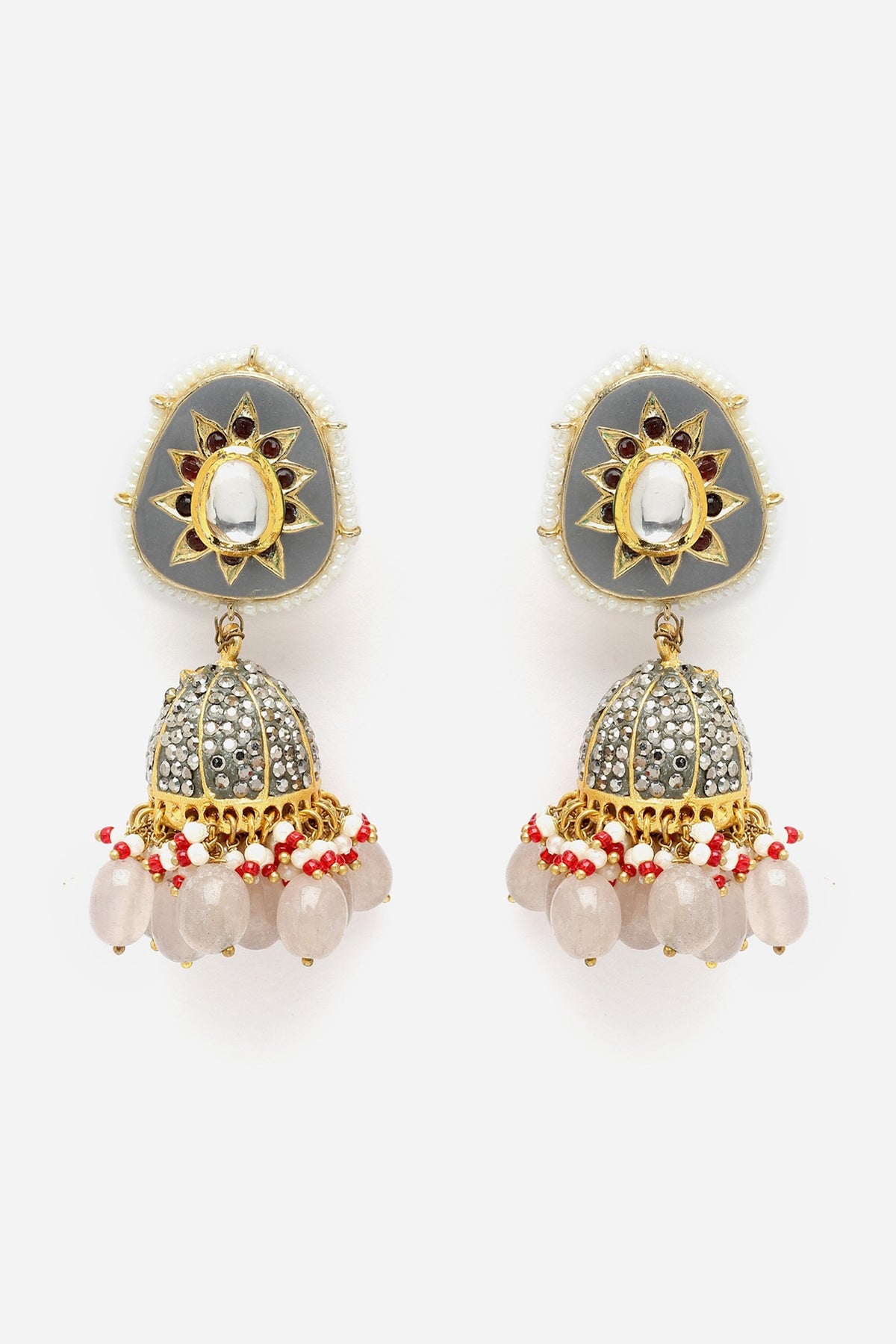 Gold Finish Kundan Polki & American Diamond Jhumka Earrings