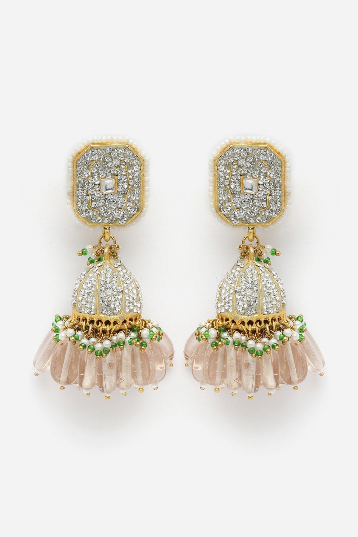 Gold Finish American Diamond & Pearl Jhumka Earrings
