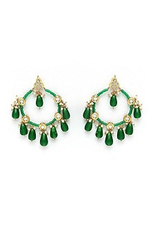 Gold Finish Faux Emeralds & Kundan Polki Chandbali Earrings