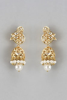 Gold Finish Kundan Polki & Pearl Jhumka Earrings