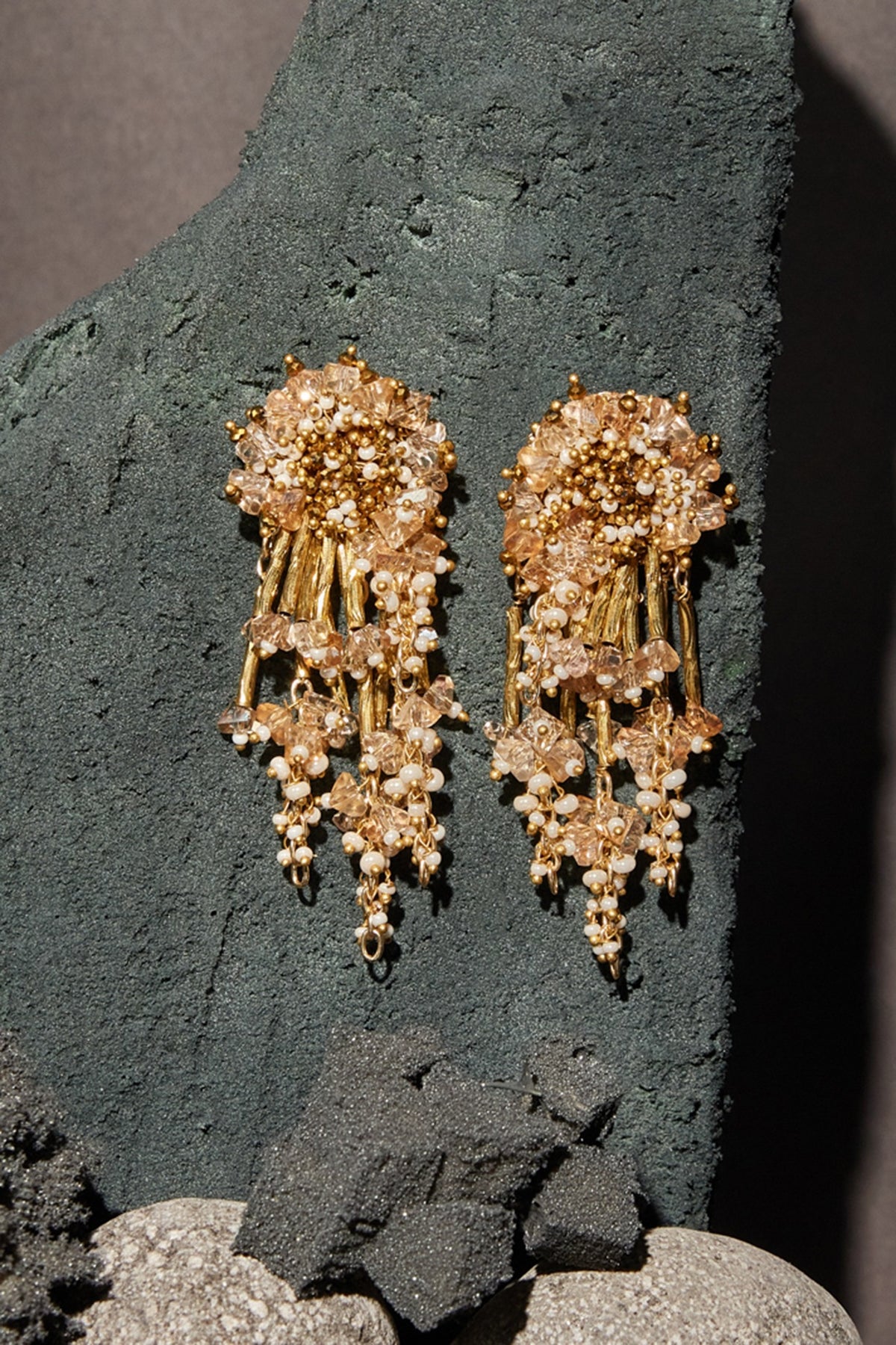 Gold Finish Pink Beaded Stud Earrings