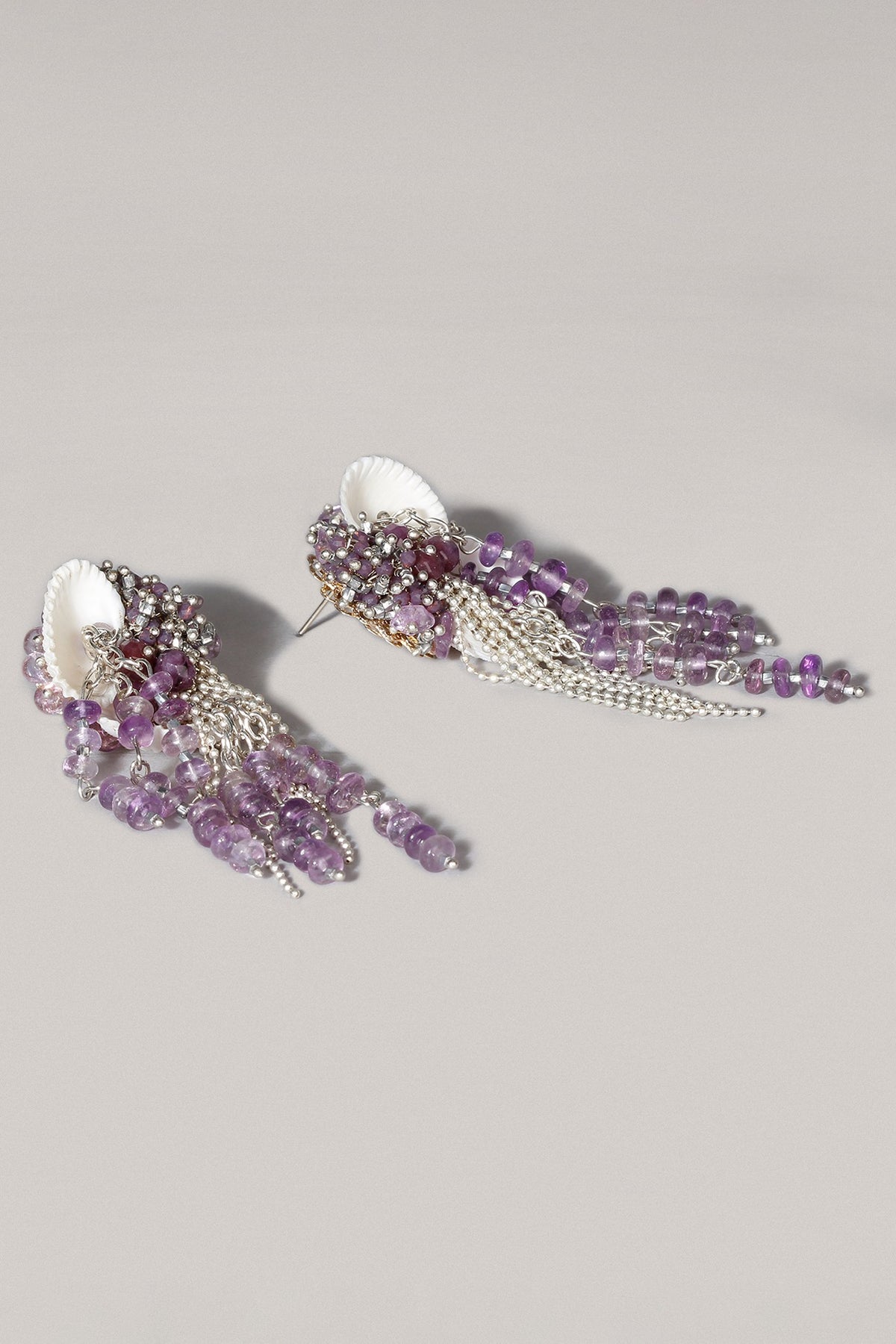 Gold Finish Lavender Beaded Shell Dangler Earrings