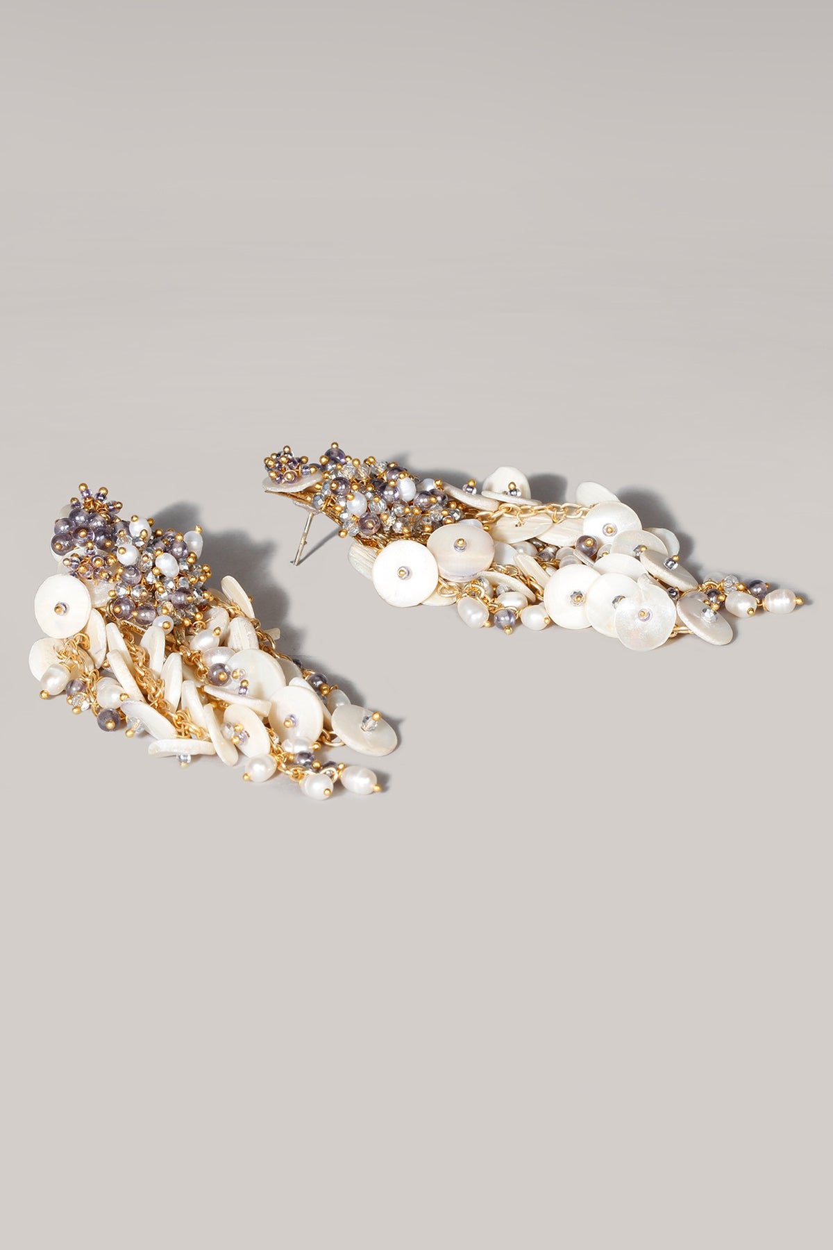 Gold Finish White & Grey Crystal Beaded Dangler Earrings