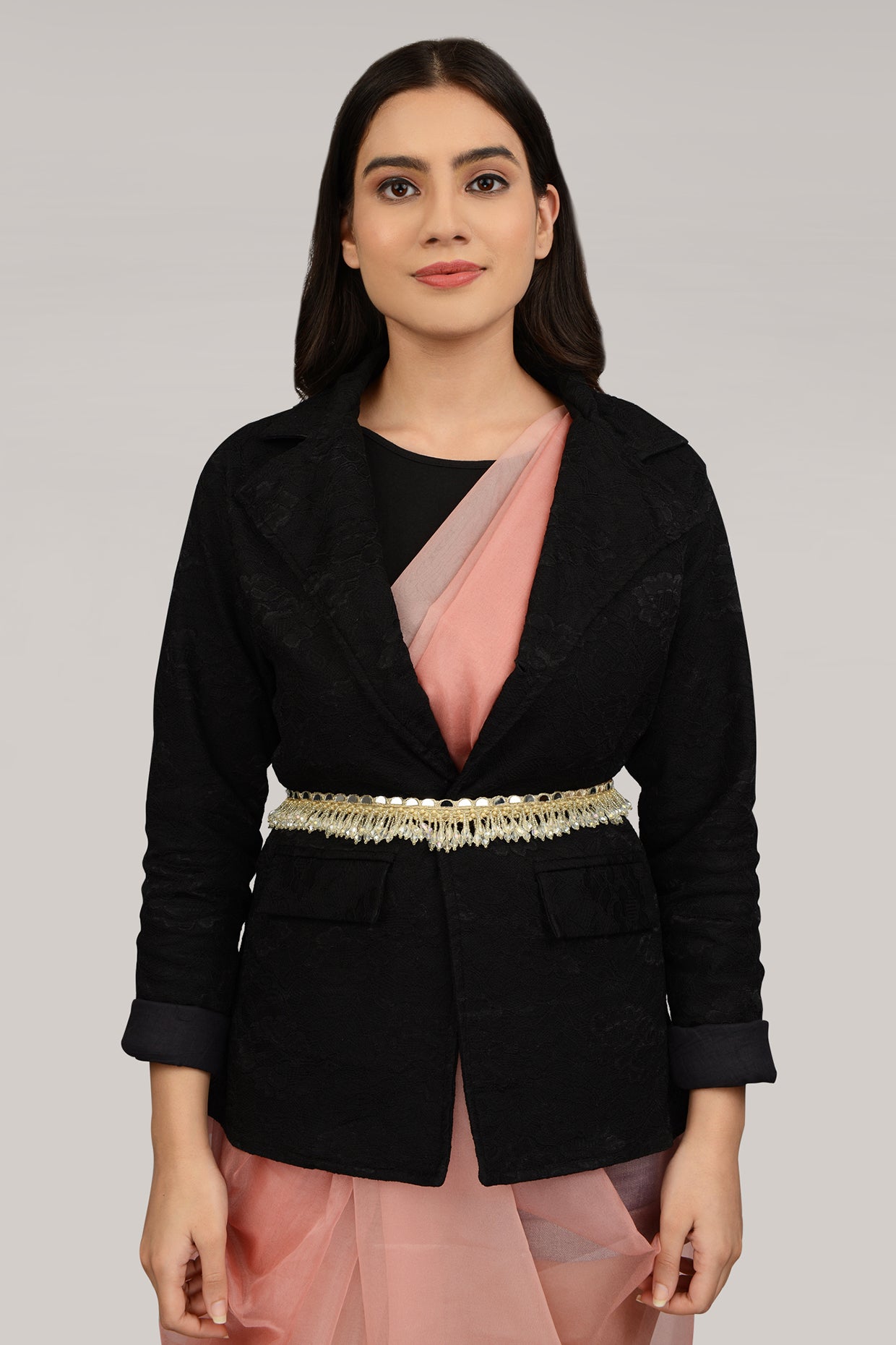 Gold Finish Glass Sequins Embroidered Gold Waist Belt