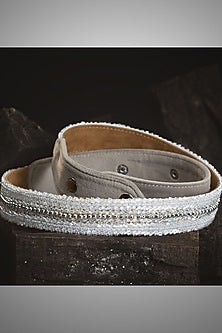 Gold Finish Pearl Embroidered White Waist Belt