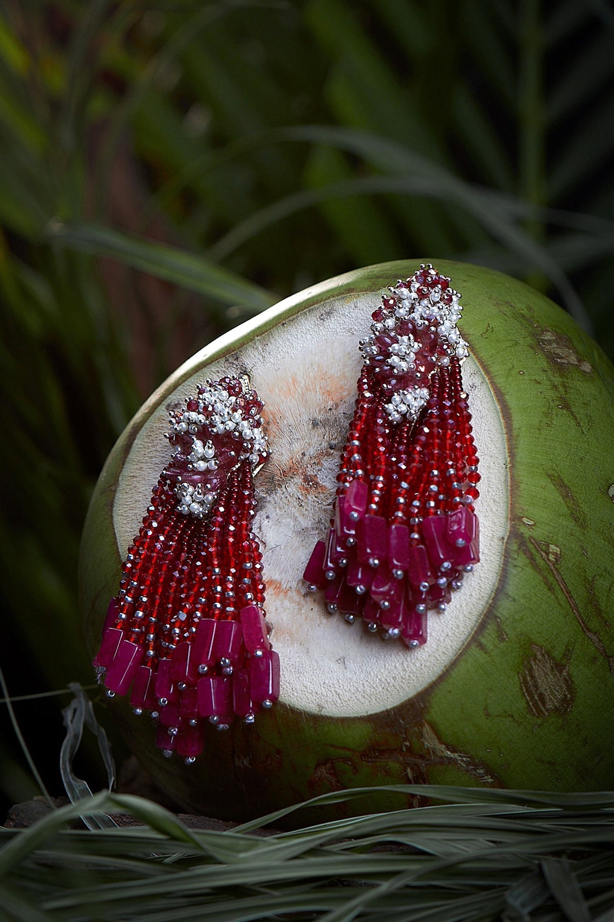 Gold Finish Red Beaded Dangler Earrings