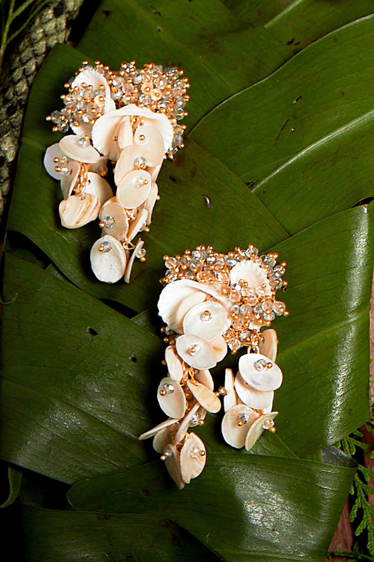 Gold Finish Shell & Crystal Stud Earrings