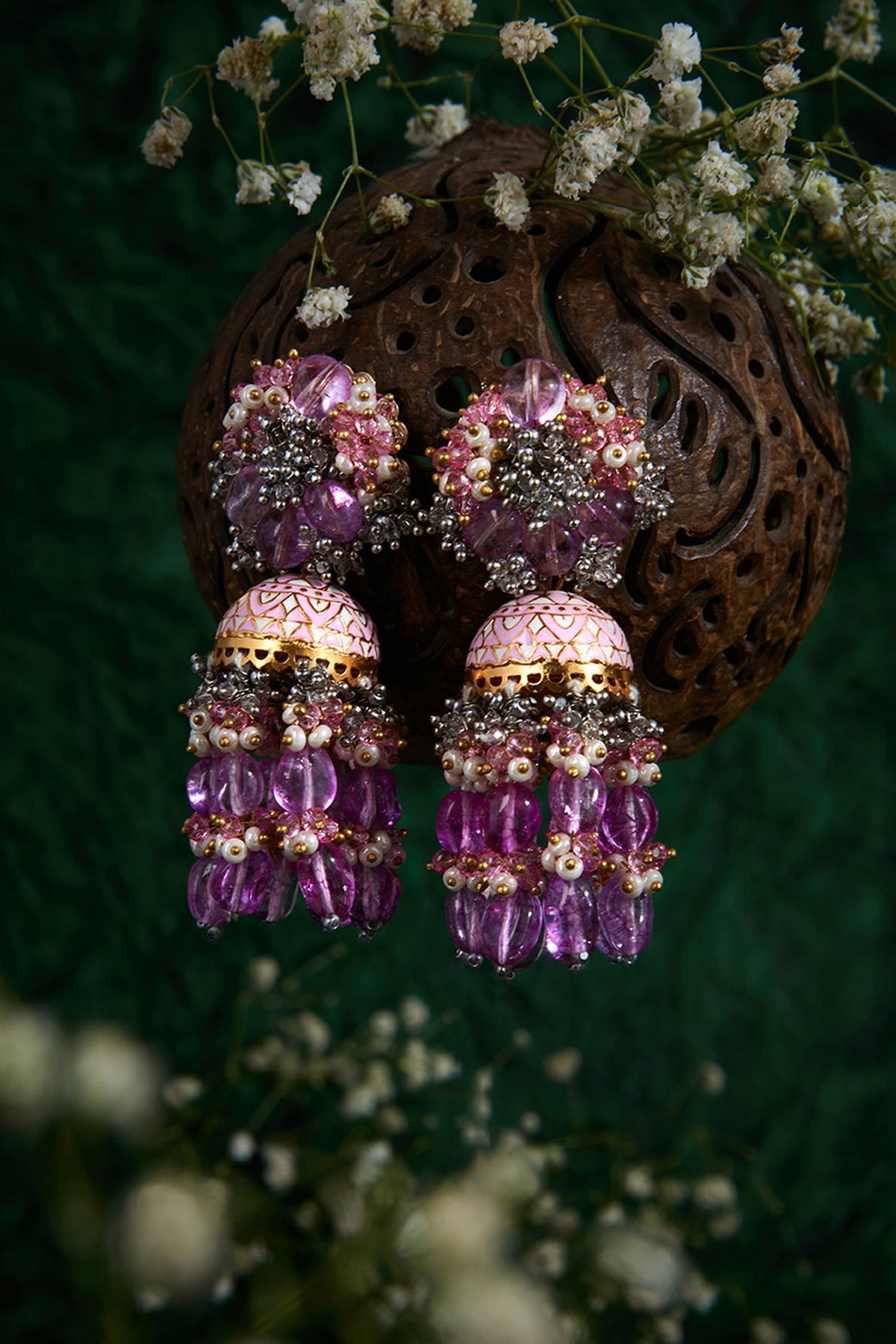 Gold Finish Magenta Pink Jhumka Earrings