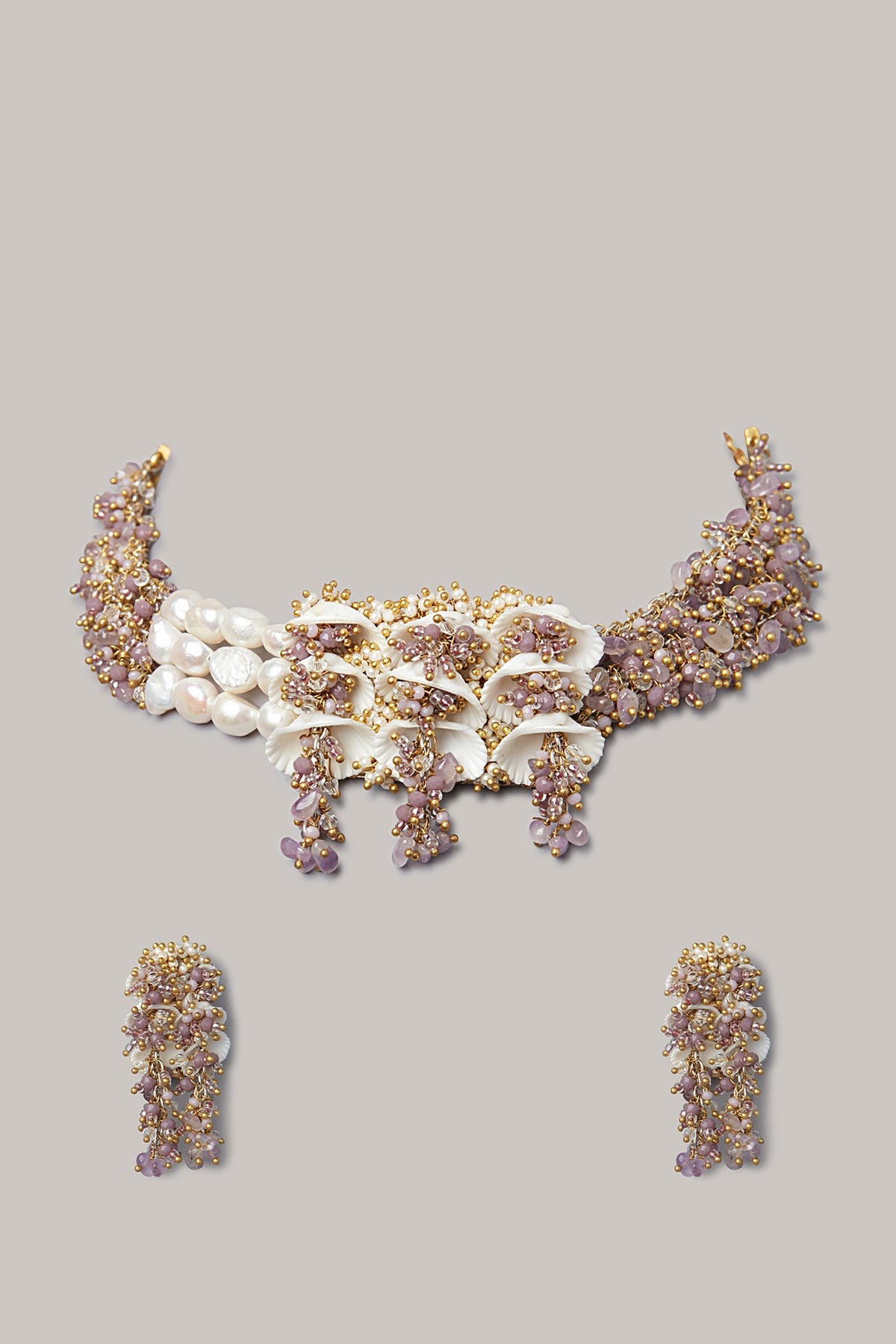 Gold Finish Shell & Agate Choker Necklace Set
