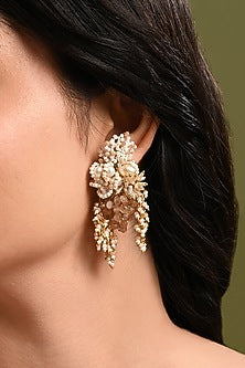 Gold Finish Freshwater Pearl Floral Dangler Earrings