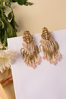 Gold Finish Long Earrings With Crystal Pink Pearls