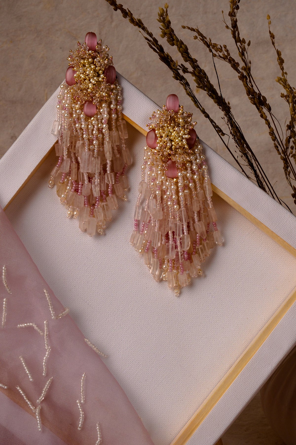 Gold Finish Baby Pink Stone Dangler Earrings