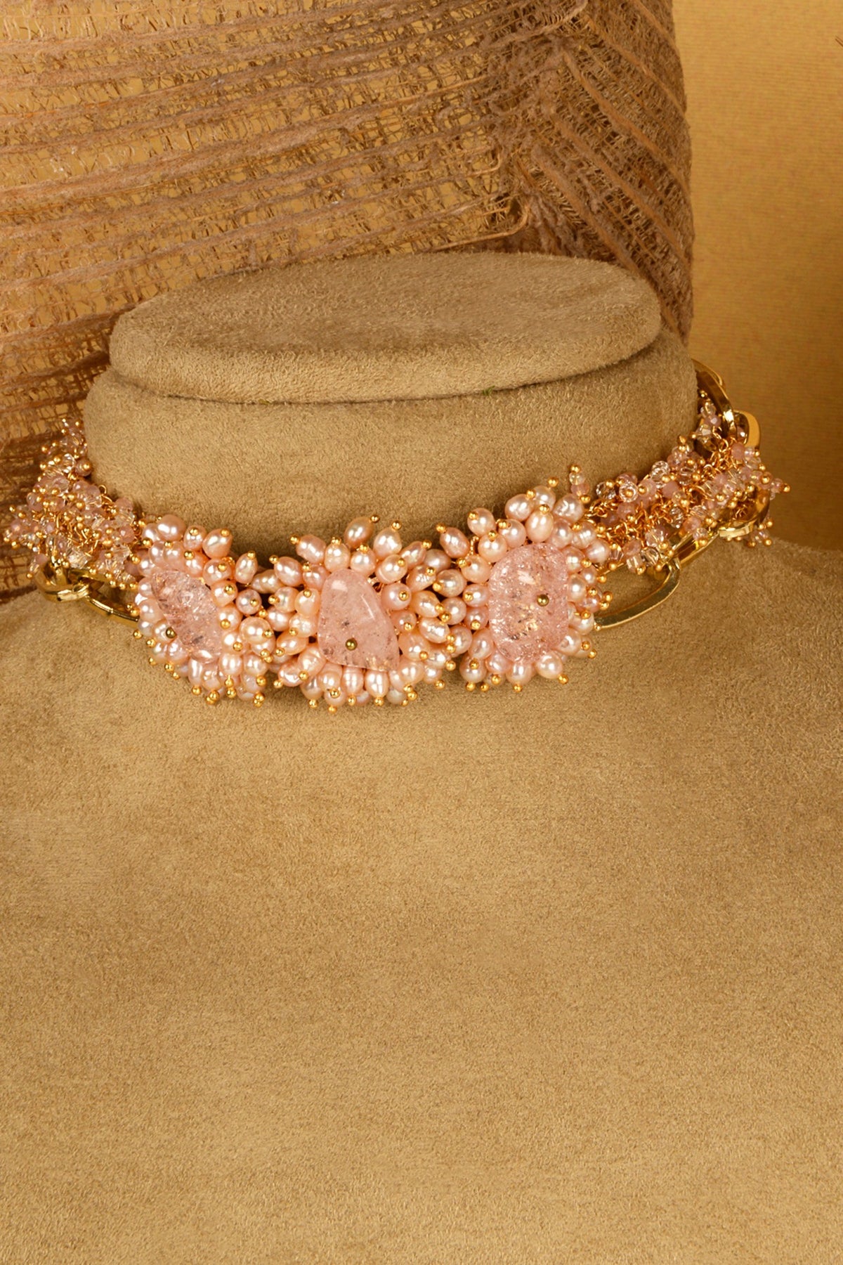 Gold Finish Dusty Pink Stone Choker Necklace