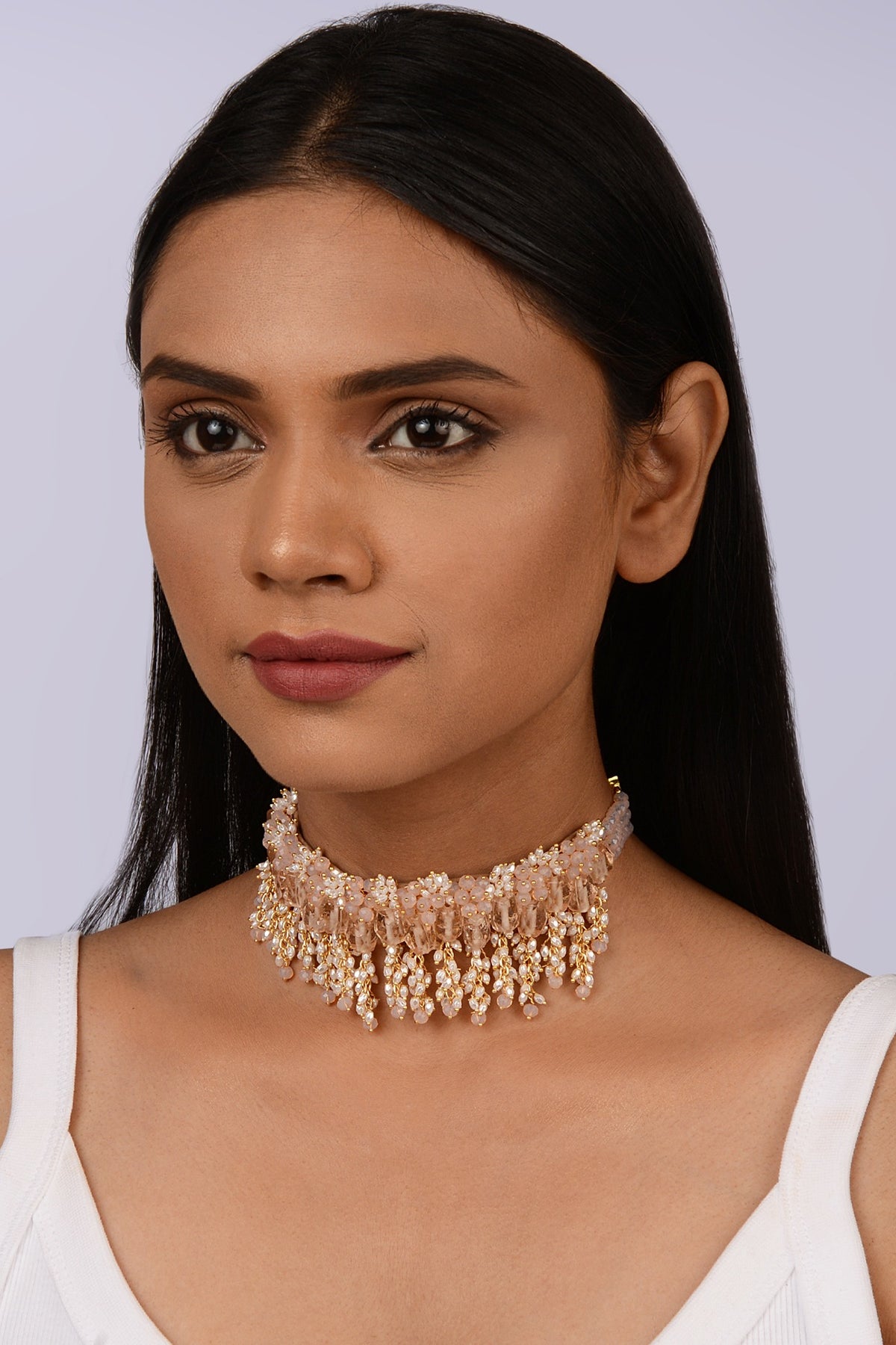 Gold Finish Beige & Peach Shell Pearl Choker Necklace Set