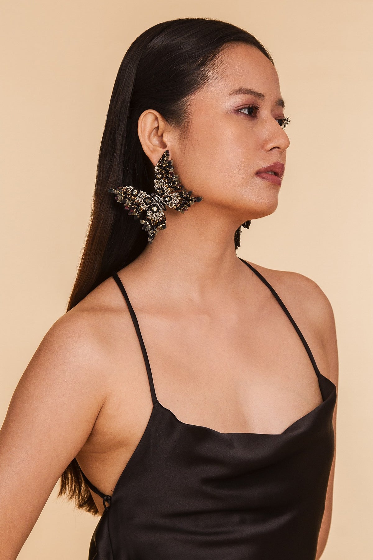 Black Glass Beaded & Semi-Precious Stone Dangler Earrings