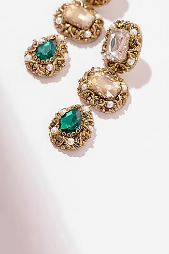 Green Hand Embroidered Dangler Earrings