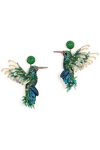 Emerald Green Glass Beaded Hummingbird Earrings