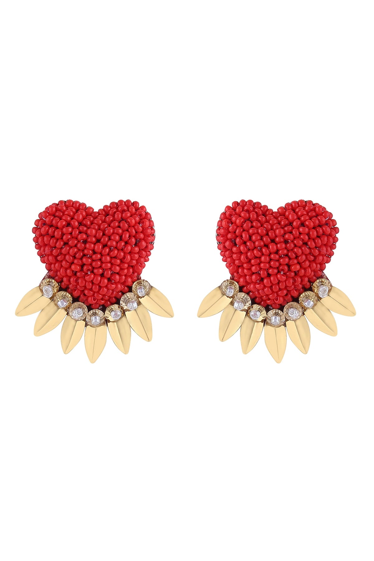 Red Glass Beaded Heart Stud Earrings