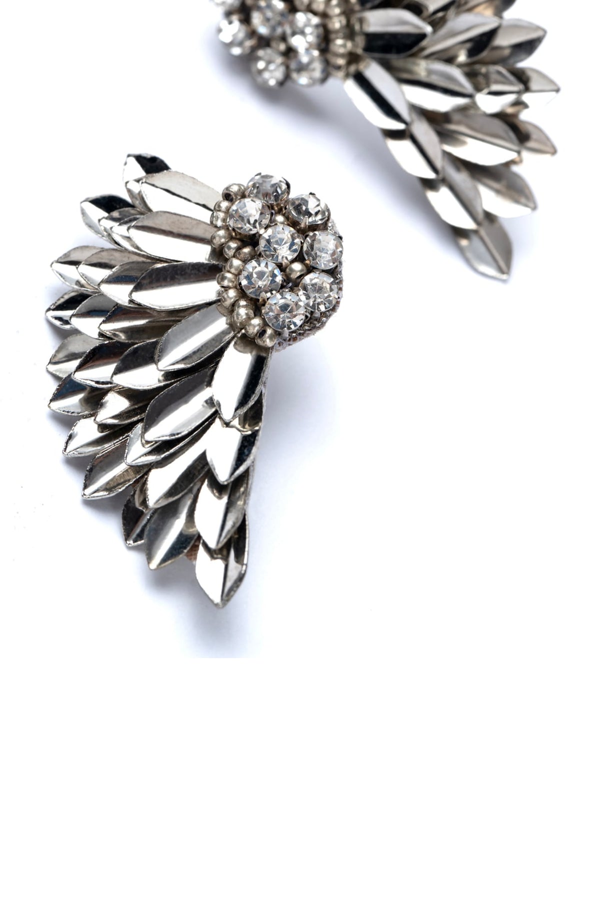 Silver Glass Bead & Crystal Hand Embroidered Wing-Shaped Earrings