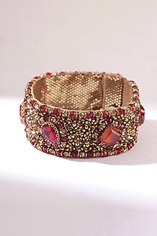 Red Glass Bead & Glass Crystal Hand Embroidered Bracelet