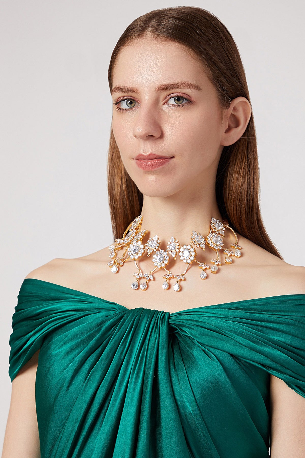 Gold Finish Choker Necklace With Cz Stones