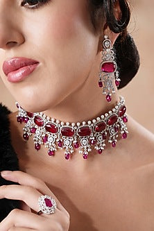 White Rhodium Finish Swarovski Diamond & Ruby Stone Choker Necklace Set