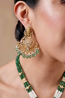 Gold Finish Moissanite Polki & Emerald Beaded Long Pendant Necklace Set