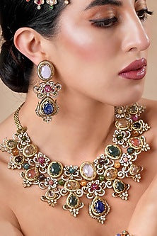 Black Rhodium Finish Navratna Stone Necklace Set