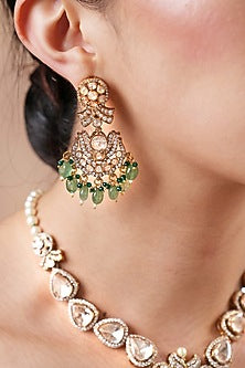Black Rhodium Finish Kundan Polki & Emerald Stone Long Necklace Set