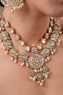 Gold Finish Kundan Polki & Mint Stone Firozi Meenakari Choker Necklace Set
