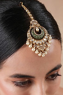 Gold Finish Kundan Polki & Emerald Stone Meenakari Maangtikka