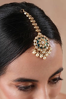 Gold Finish Kundan Polki & Emerald Stone Meenakari Maangtikka