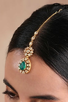 Gold Finish Moissanite Polki & Emerald Stone Maangtikka