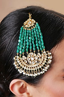 Gold Finish Kundan Polki & Green Beaded Pasa