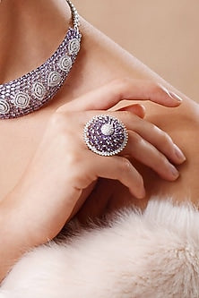 White Finish Diamond & Amethyst Stone Ring