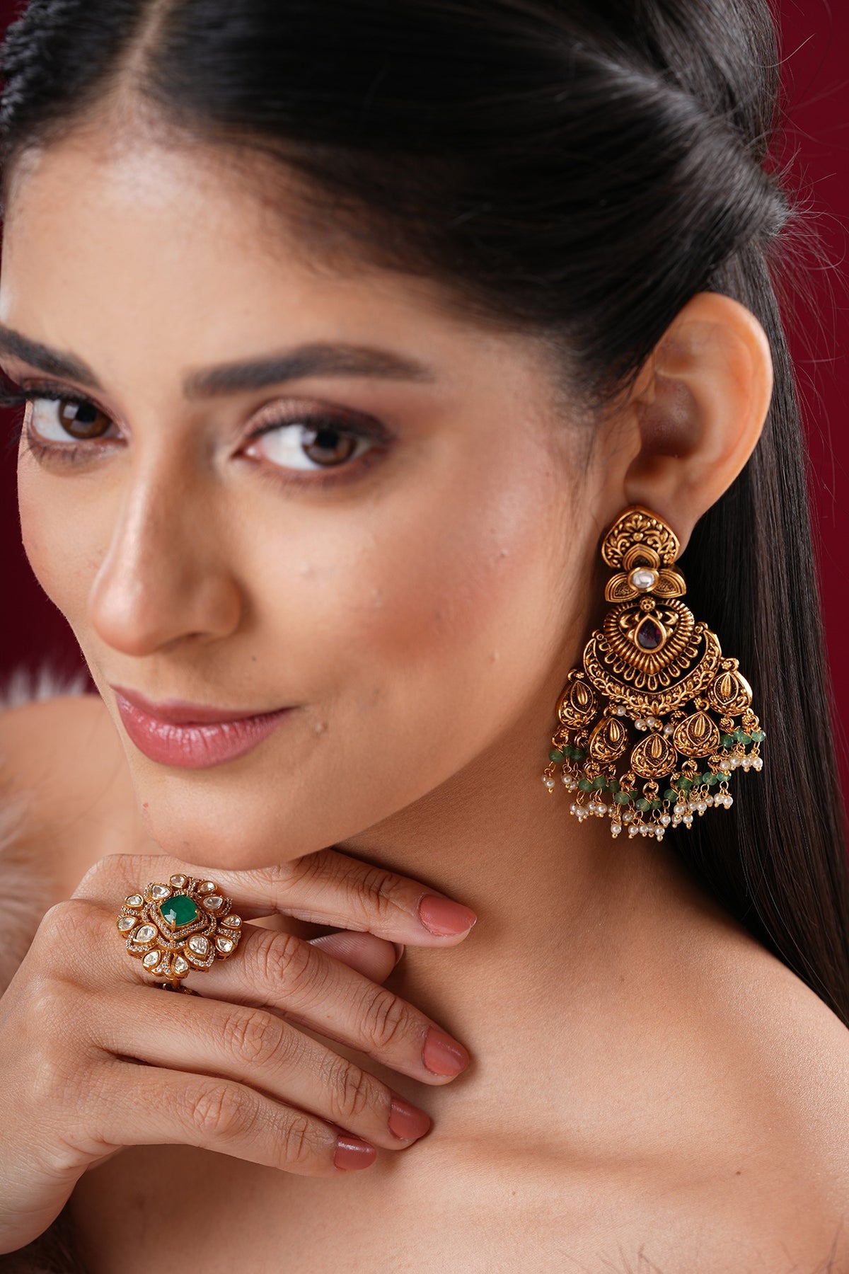 Gold Finish Kundan Polki Dangler Earrings
