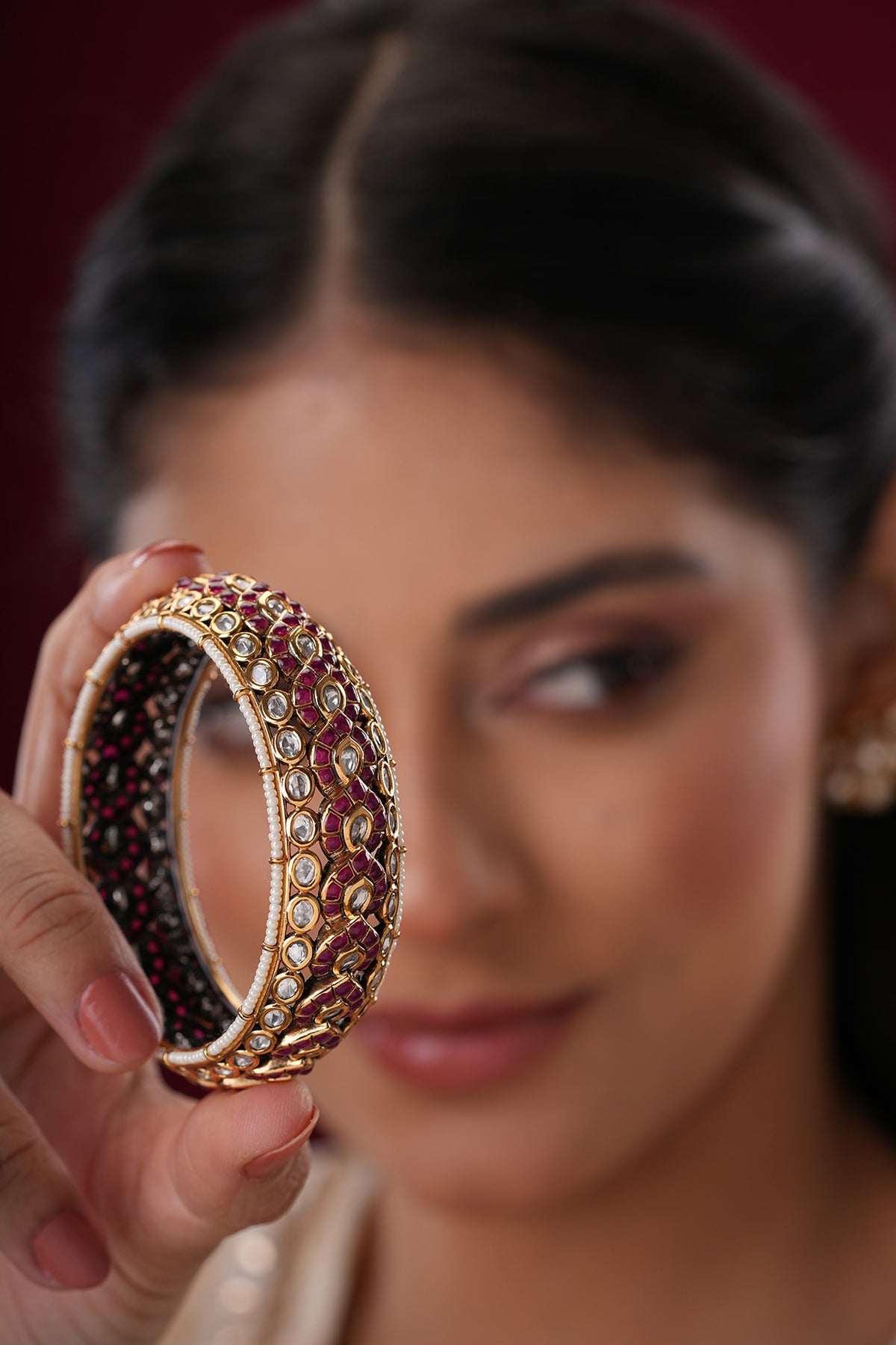Gold Finish Kundan Polki & Red Stone Bangles (Set Of 2)