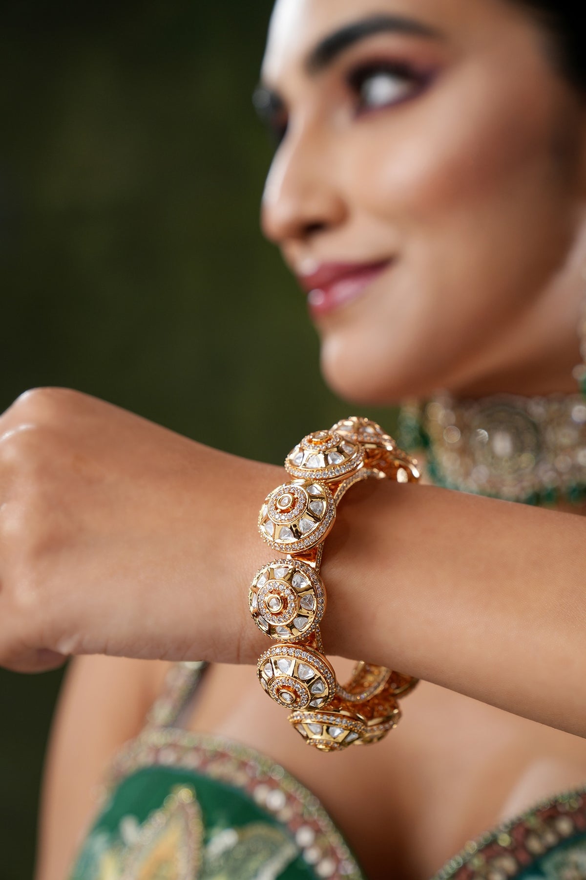 Gold Finish Kundan Polki & Pearl Bangles (Set Of 2)