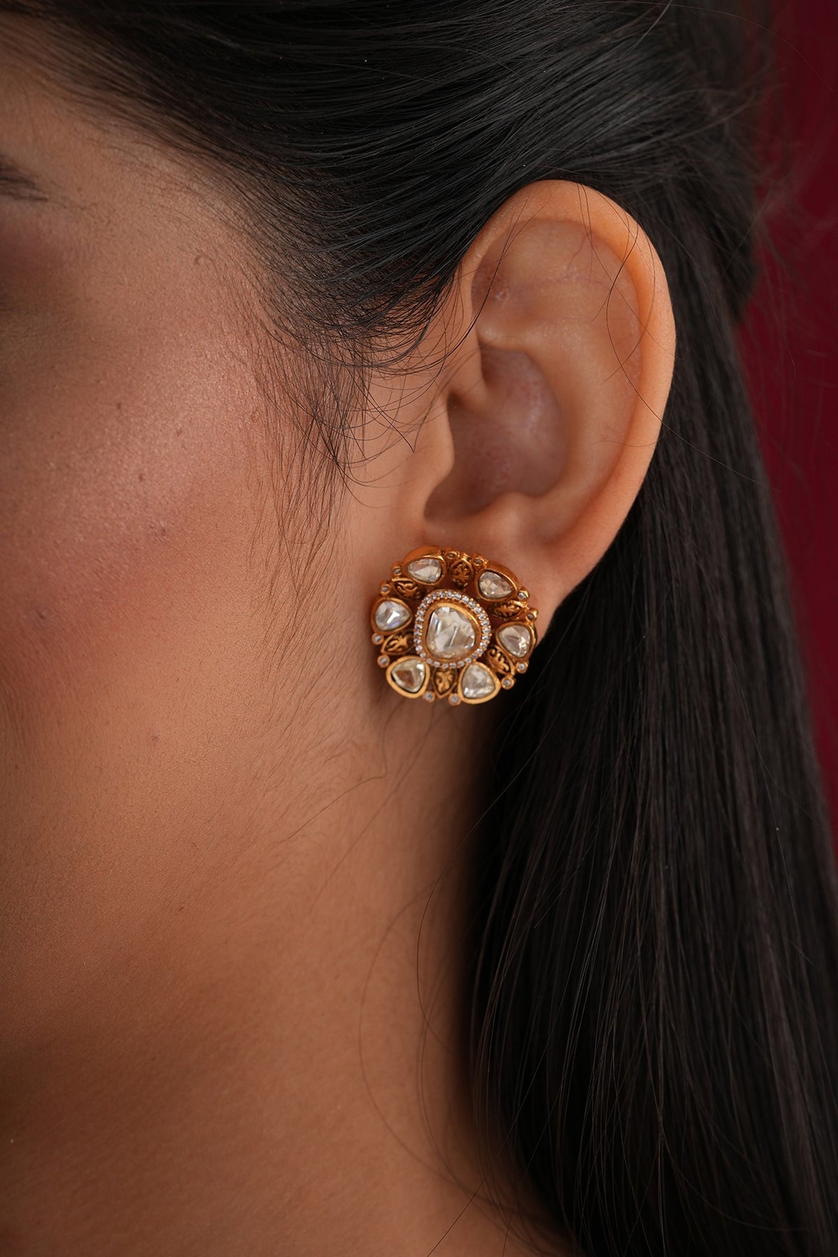 Gold Finish Kundan Polki Stud Earrings